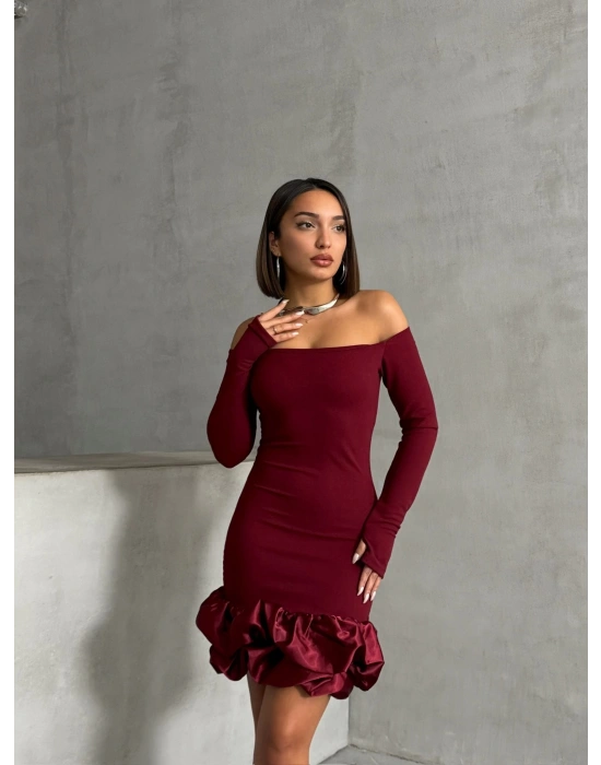 Balon Etekli Elbise-bordo