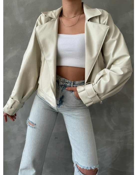 Balon Kol Deri Ceket - krem