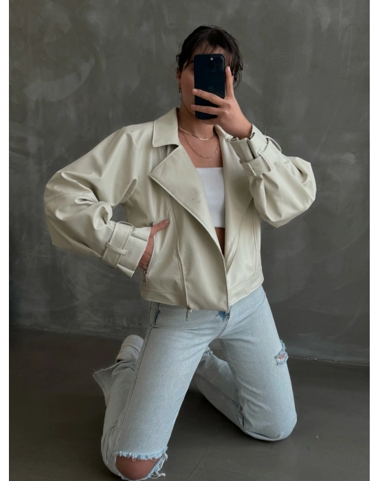 Balon Kol Deri Ceket - krem