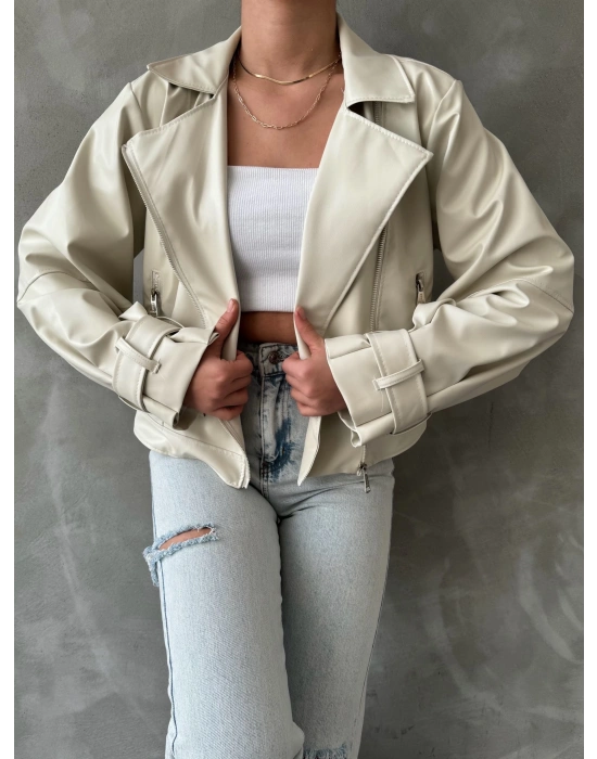 Balon Kol Deri Ceket - krem
