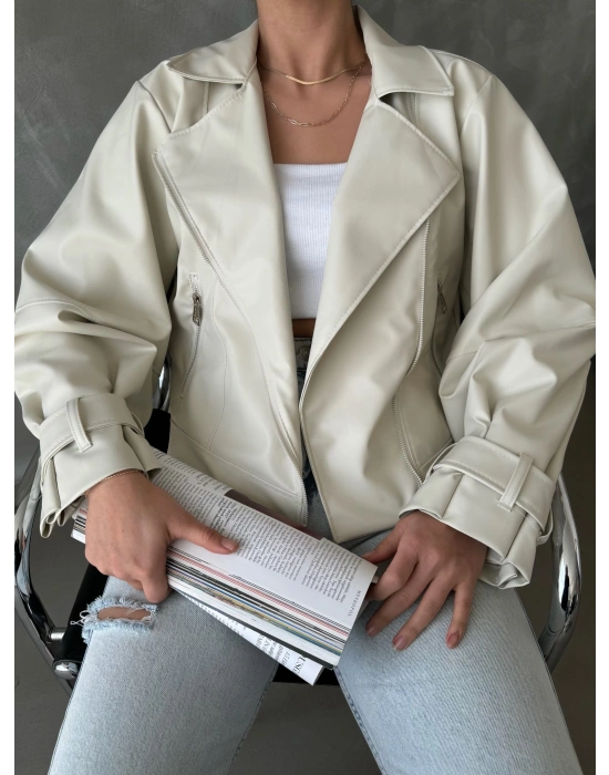 Balon Kol Deri Ceket - krem