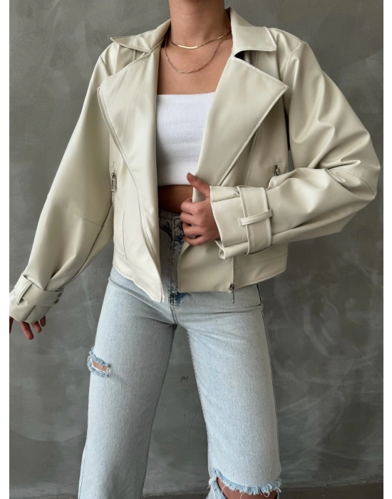 Balon Kol Deri Ceket - krem