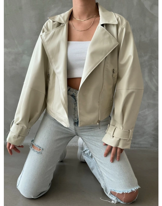 Balon Kol Deri Ceket - krem