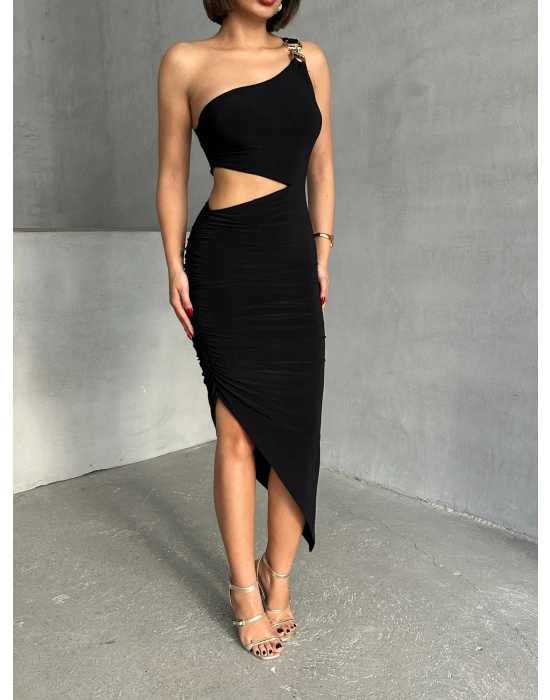 Bel Dekolteli Tek Omuz Elbise-siyah