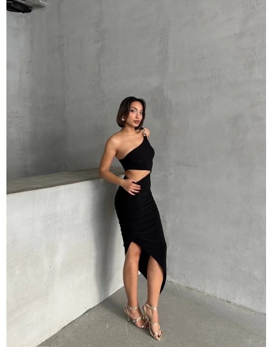 Bel Dekolteli Tek Omuz Elbise-siyah