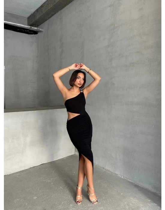 Bel Dekolteli Tek Omuz Elbise-siyah