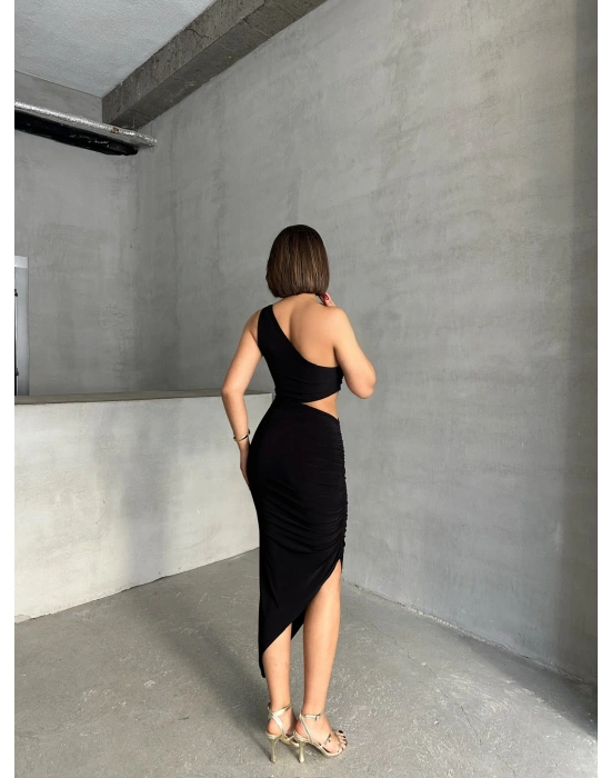 Bel Dekolteli Tek Omuz Elbise-siyah