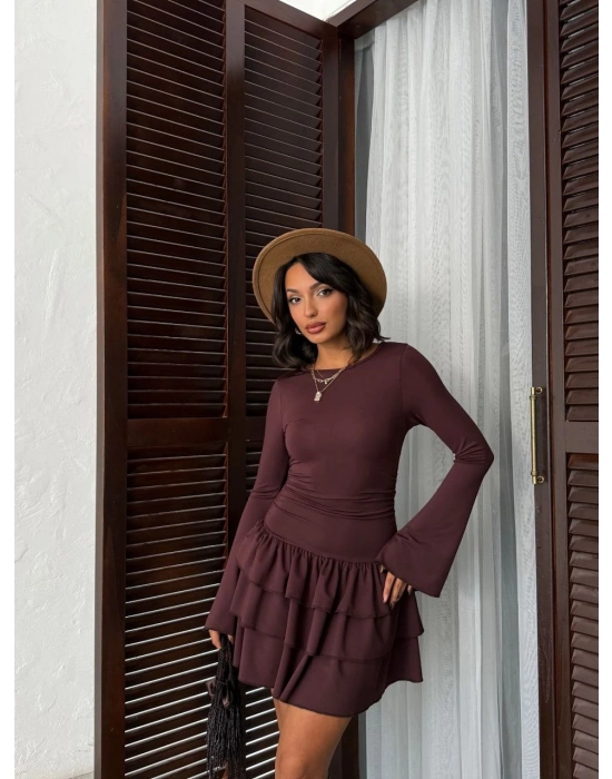 Bol Kol Pileli Elbise-kahve