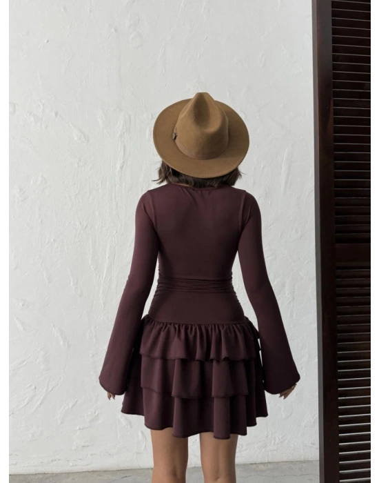 Bol Kol Pileli Elbise-kahve