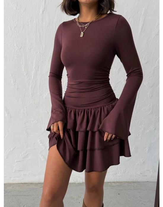 Bol Kol Pileli Elbise-kahve