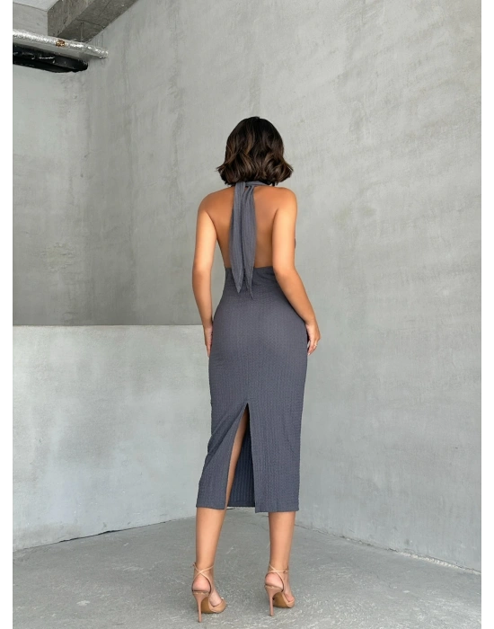 Boyundan Bağlamalı Büzgülü Elbise-gri