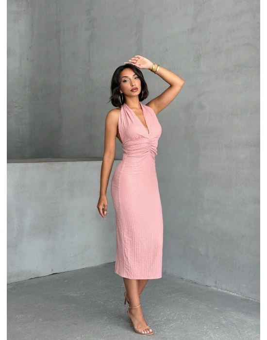 Boyundan Bağlamalı Büzgülü Elbise-pembe