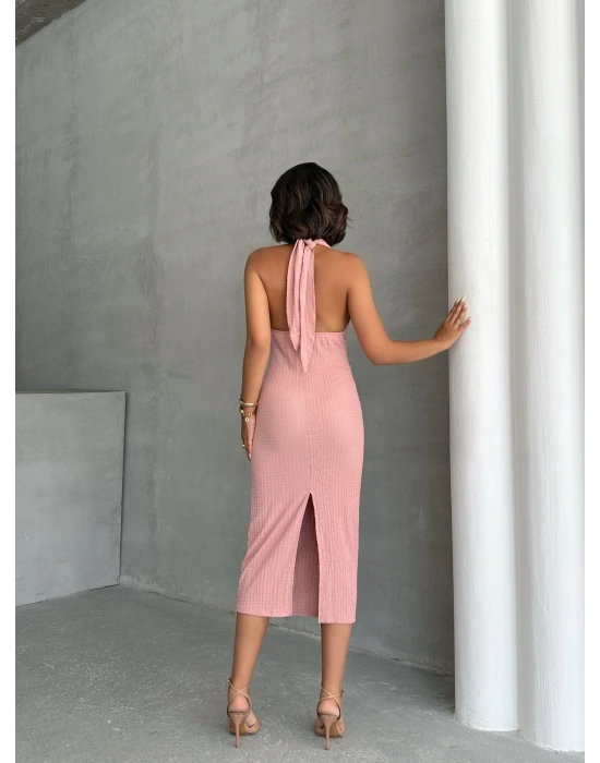 Boyundan Bağlamalı Büzgülü Elbise-pembe