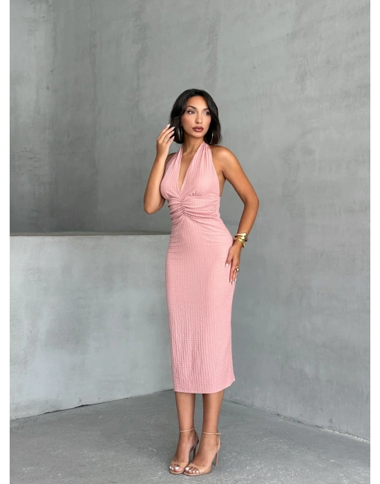 Boyundan Bağlamalı Büzgülü Elbise-pembe