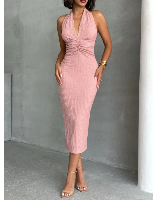 Boyundan Bağlamalı Büzgülü Elbise-pembe