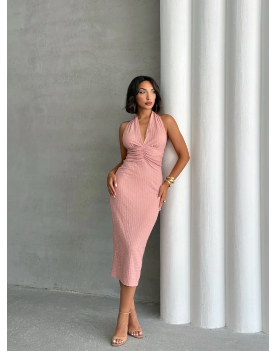 Boyundan Bağlamalı Büzgülü Elbise-pembe