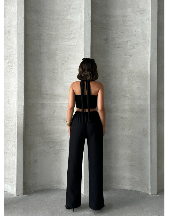 Boyundan Bağlamalı Keten Takım-siyah