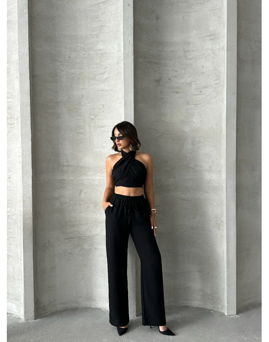 Boyundan Bağlamalı Keten Takım-siyah