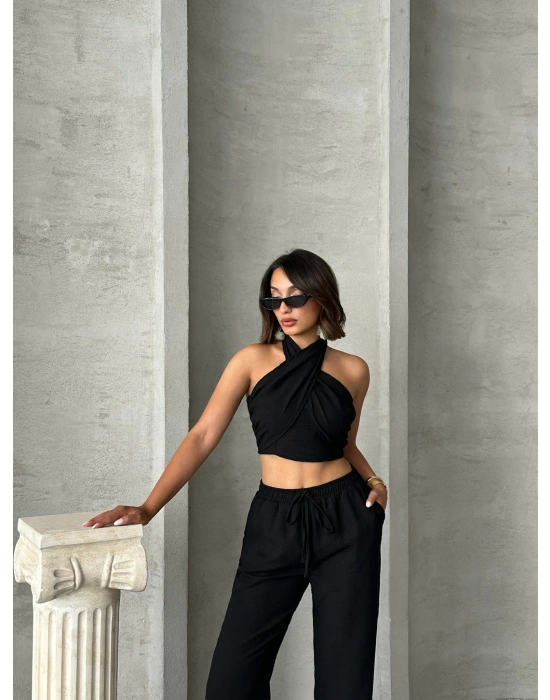 Boyundan Bağlamalı Keten Takım-siyah