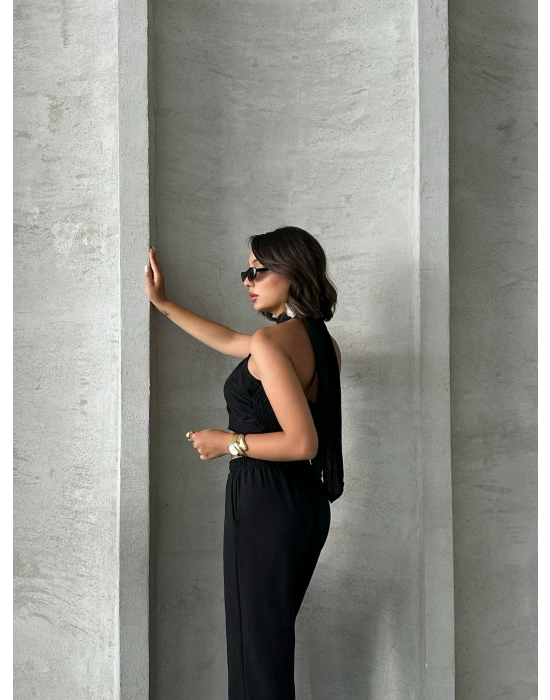 Boyundan Bağlamalı Keten Takım-siyah