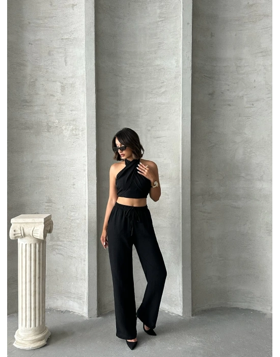 Boyundan Bağlamalı Keten Takım-siyah