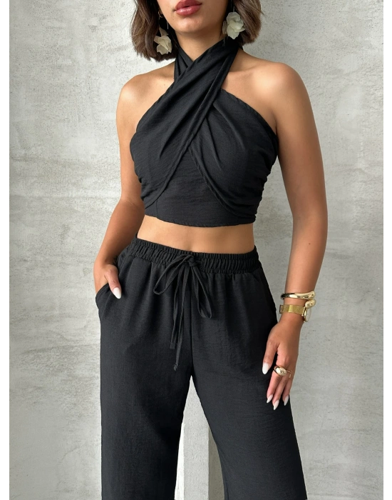 Boyundan Bağlamalı Keten Takım-siyah