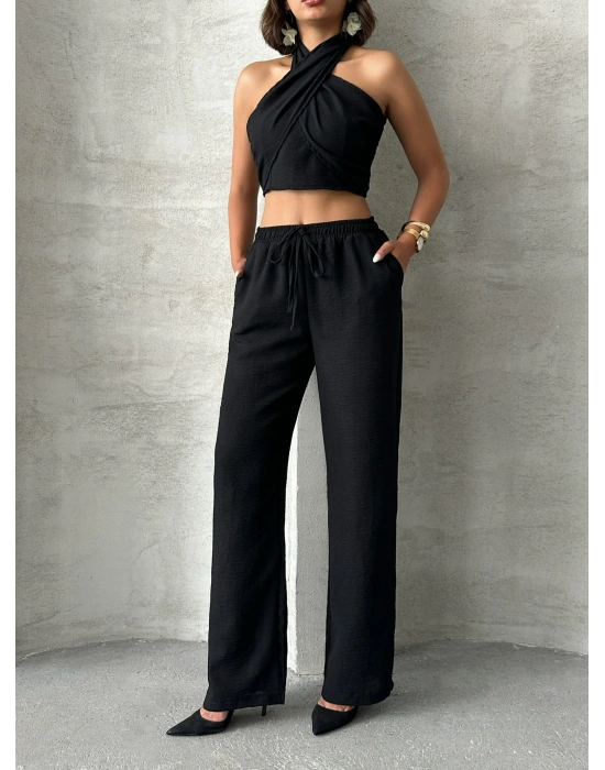 Boyundan Bağlamalı Keten Takım-siyah