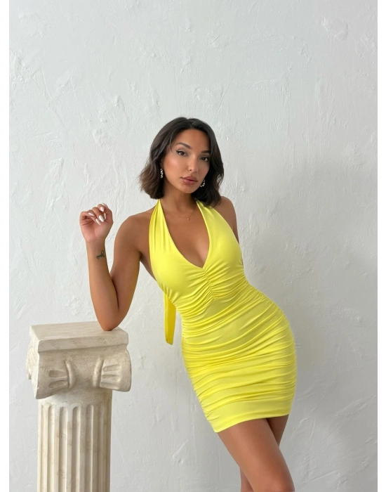 Boyundan Bağlamalı Lore Elbise-sarı