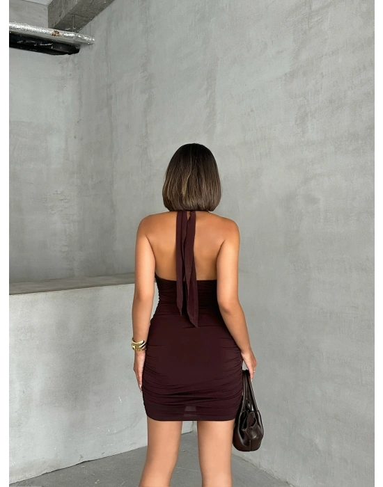 Boyundan Bağlamalı Tokalı Elbise- kahve