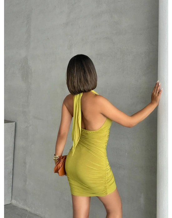 Boyundan Bağlamalı Tokalı Elbise-yağ yeşili