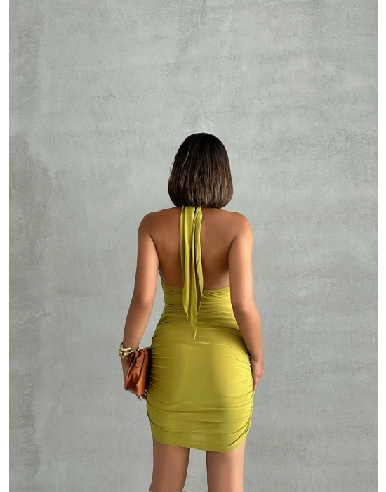 Boyundan Bağlamalı Tokalı Elbise-yağ yeşili