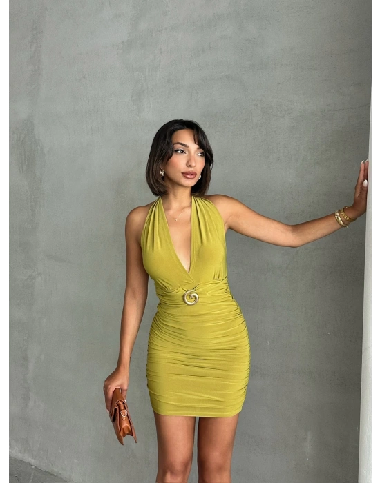 Boyundan Bağlamalı Tokalı Elbise-yağ yeşili