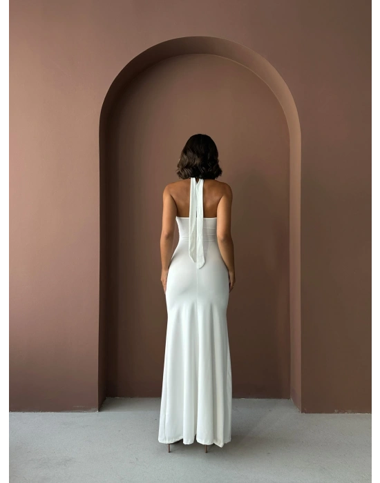 Boyundan Bağlamalı Uzun Elbise-beyaz