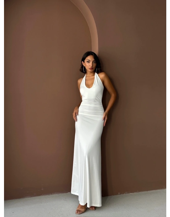 Boyundan Bağlamalı Uzun Elbise-beyaz