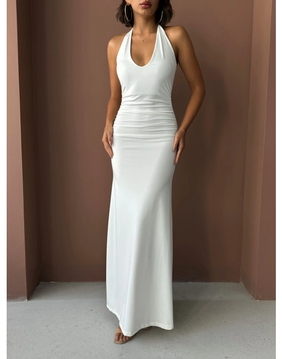 Boyundan Bağlamalı Uzun Elbise-beyaz