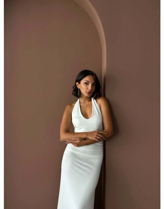 Boyundan Bağlamalı Uzun Elbise-beyaz