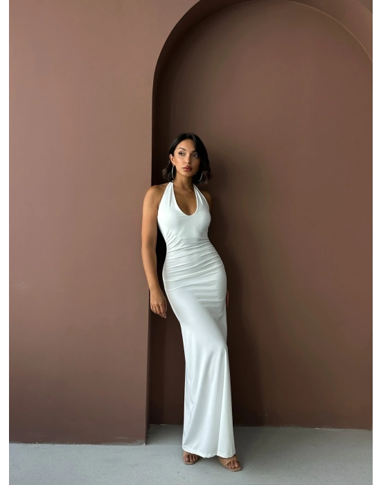 Boyundan Bağlamalı Uzun Elbise-beyaz