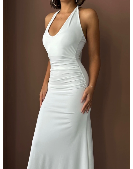 Boyundan Bağlamalı Uzun Elbise-beyaz