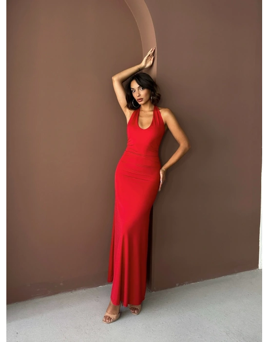 Boyundan Bağlamalı Uzun Elbise-kırmızı