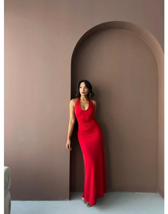 Boyundan Bağlamalı Uzun Elbise-kırmızı