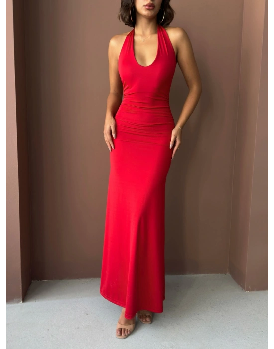 Boyundan Bağlamalı Uzun Elbise-kırmızı