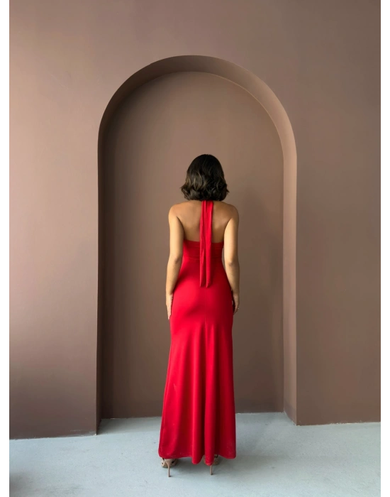 Boyundan Bağlamalı Uzun Elbise-kırmızı