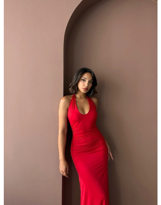 Boyundan Bağlamalı Uzun Elbise-kırmızı