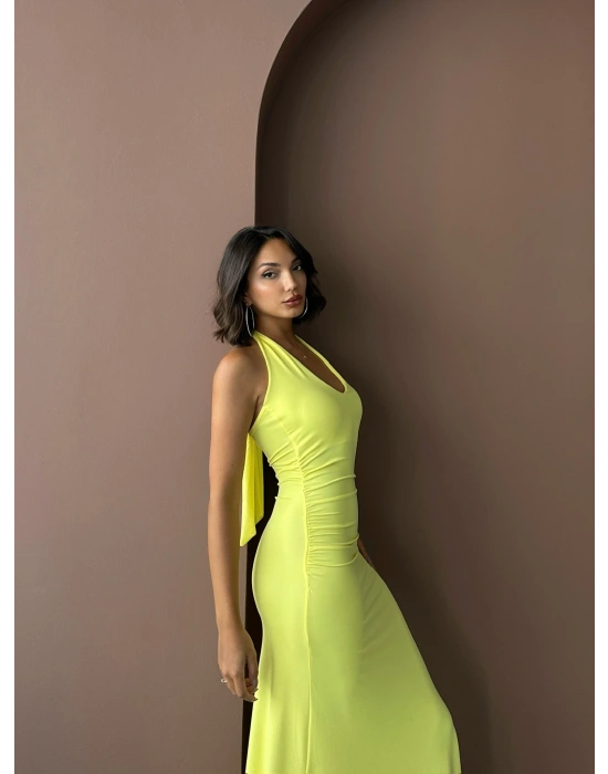 Boyundan Bağlamalı Uzun Elbise-sarı