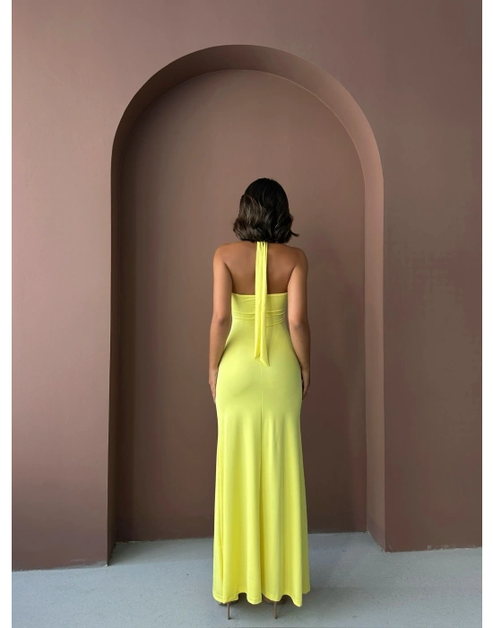 Boyundan Bağlamalı Uzun Elbise-sarı