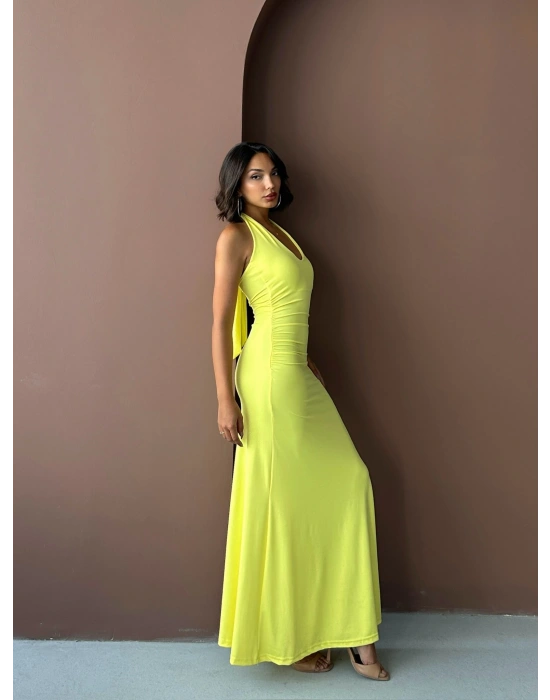 Boyundan Bağlamalı Uzun Elbise-sarı