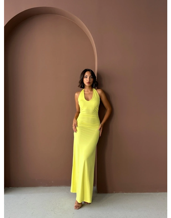 Boyundan Bağlamalı Uzun Elbise-sarı