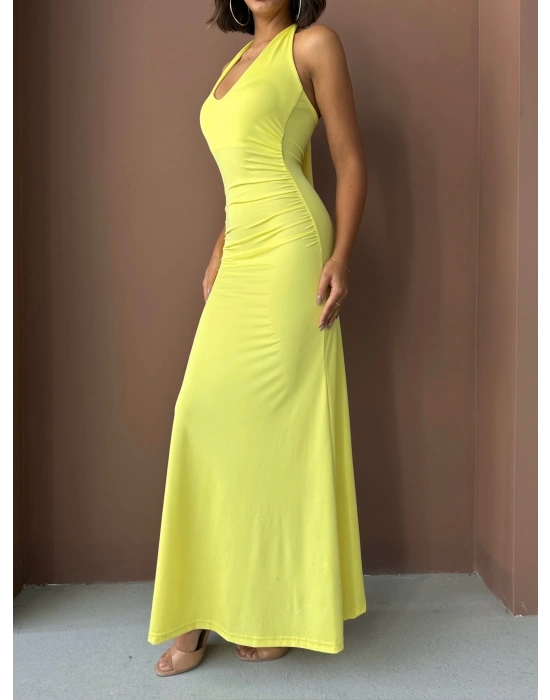 Boyundan Bağlamalı Uzun Elbise-sarı