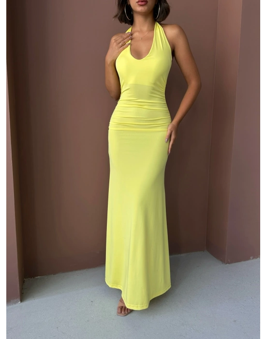 Boyundan Bağlamalı Uzun Elbise-sarı