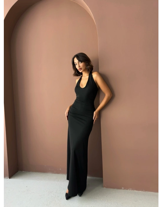 Boyundan Bağlamalı Uzun Elbise-siyah